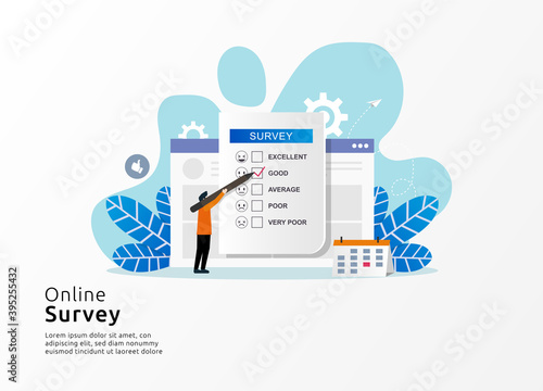 Online survey concept vector illustration. Man checking giant browser symbol.