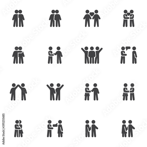 Relationship and friendship vector icons set, modern solid symbol collection, filled style pictogram pack. Signs, logo illustration. Set includes icons as people handshake, couple love, man and woman