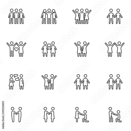 Friendship and love line icons set, outline vector symbol collection, linear style pictogram pack. Signs, logo illustration. Set includes icons as people love, couple relationship, marriage proposal