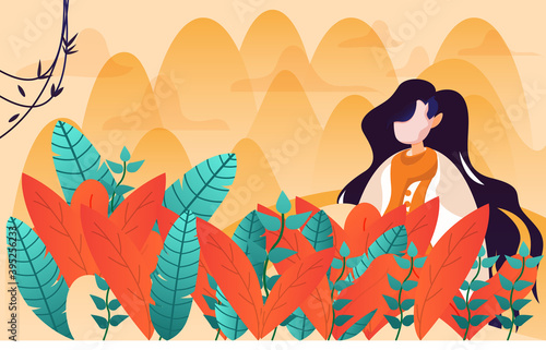 illustration of a woman in the park. with a background of hills and plants. Website template or web page  flat style landing page