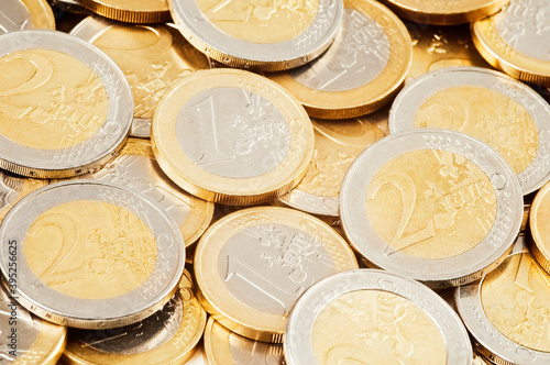 Euro Coin currency heap. Full frame background of European money coins.