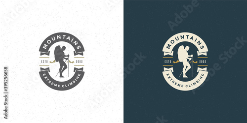 Climber logo emblem outdoor adventure expedition vector illustration mountaineer man silhouette