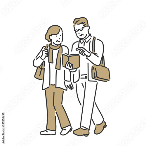 仲良く並んで歩くシニア夫婦のイラスト素材