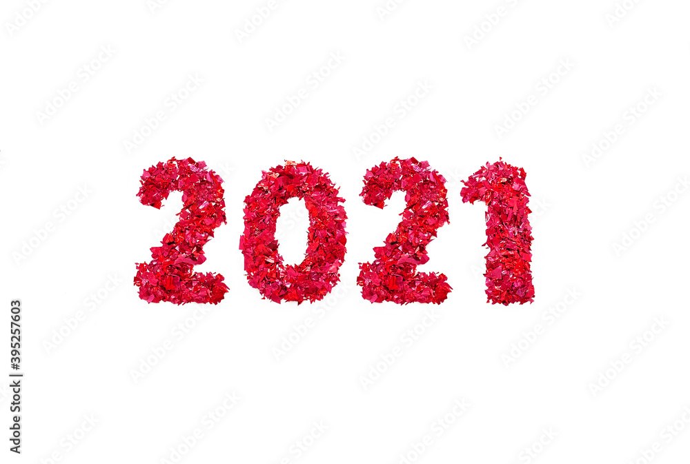 Figures 2021 made of red glitter on white background Figures 2021 made of red glitter on white background