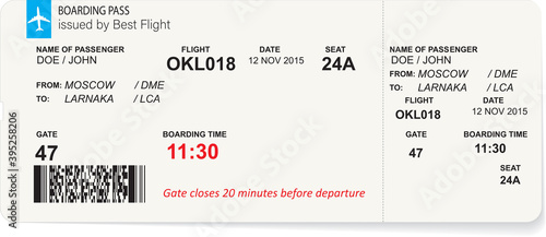Variant of air ticket boarding pass isolated on white. Template of airline ticket in blue color. Vector illustration