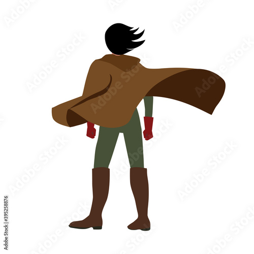 Medieval man in a cloak flutters in the wind. Stands with his back. Fantasy.