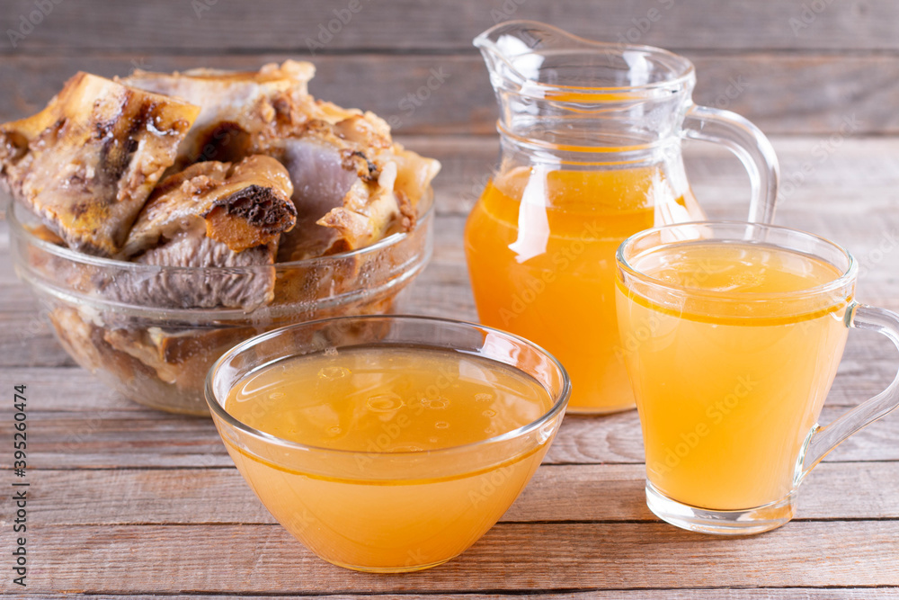 Bone broth soup made from beef in a mug, natural source of collagen