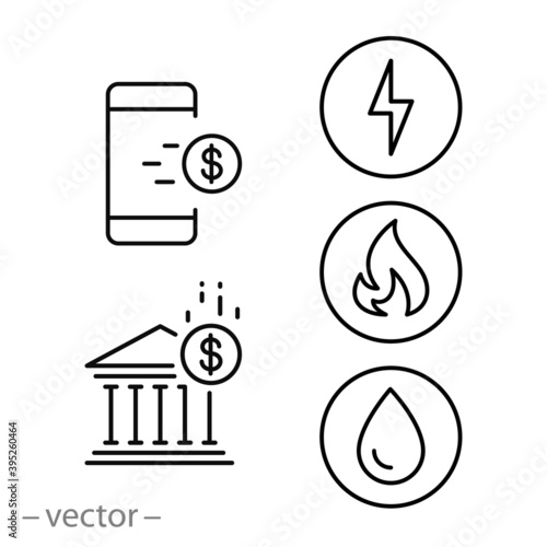online utility bills payment icon, invoice pay for gas electricity and water, save budget, set thin line symbols on white background - editable stroke vector illustration eps10