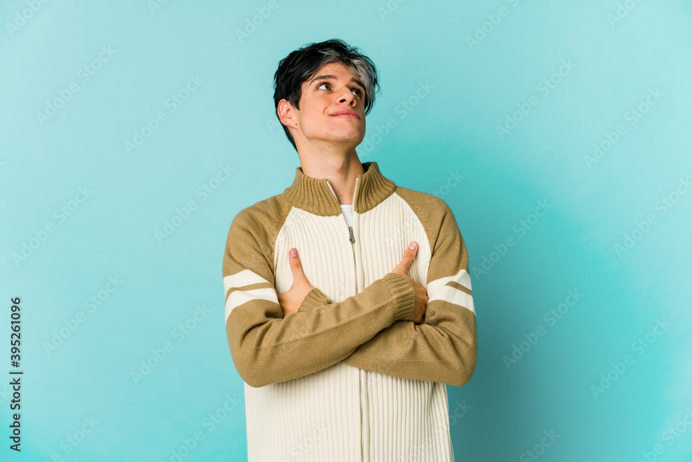 Young caucasian skinny man expressing emotions isolated on blue background Young caucasian skinny man expressing emotions isolated on blue background