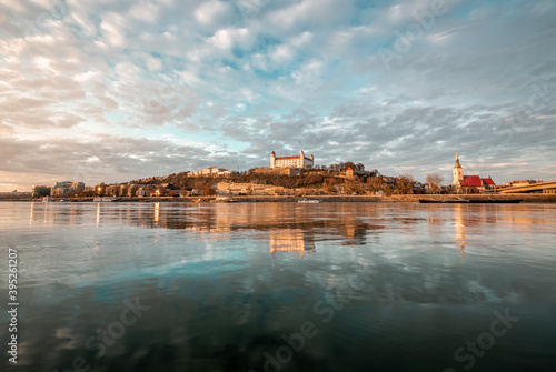 Canvas Print Bratislava cityscape on sunset, view from Danube river, Slovakia