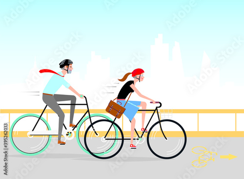 man and woman wearing bike helmets and riding at work in the big city in the morning. Vector illustration