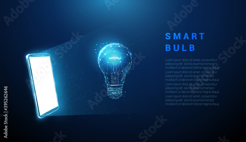 Abstract blue mobile phone, white screen, hologram light bulb