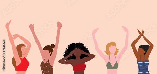 Multinational girls dance in swimsuits. Vector illustration in nice natural colors. It can be used as banner for beauty and SPA site, blogs of depilation master, cosmetologist