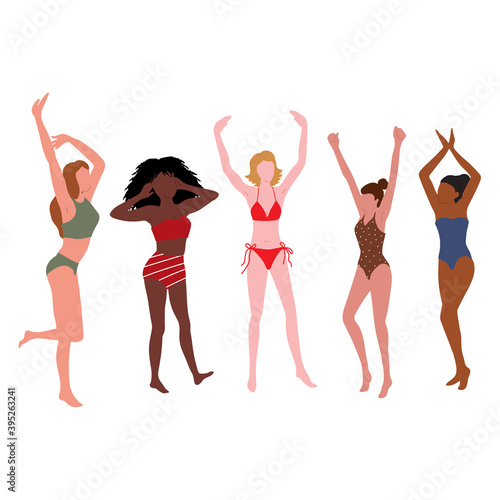 Multinational girls dance in swimsuits. Vector set of 5 isolated character in nice natural colors. It can be used as design for beauty and SPA site, blogs of depilation master, cosmetologist
