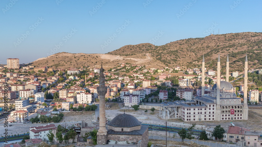 Aerial view to mosques from old castlethe in historical city town of Nevsehir timelapse