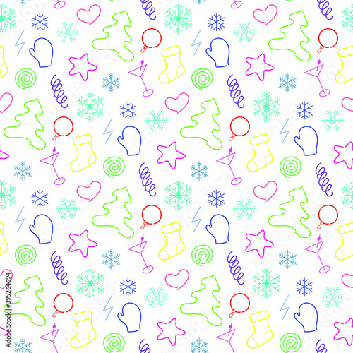 Linear multicolored vector on a Christmas theme on a white background  seamless pattern