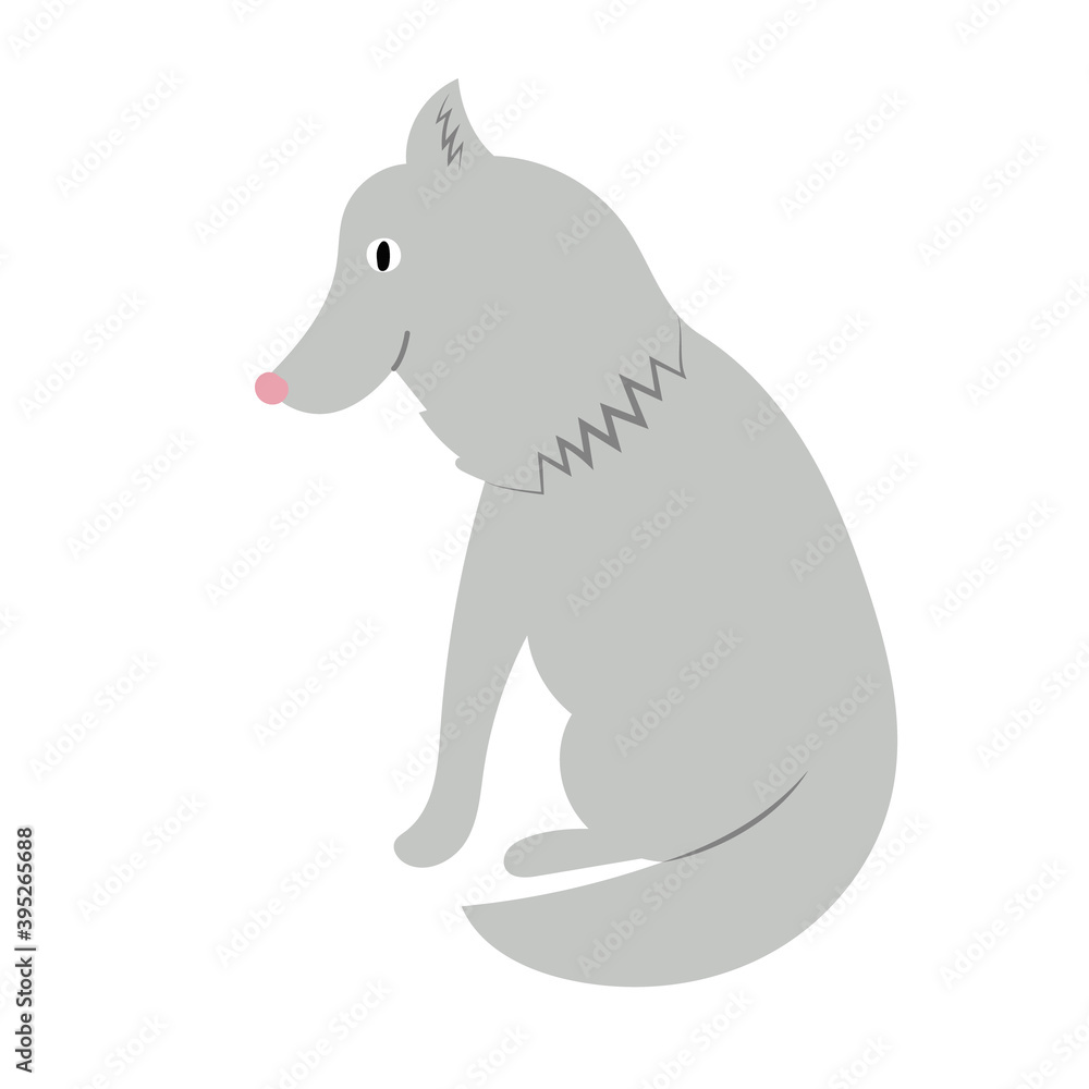 Small gray wolf in cartoon style by hand, simple illustration. Vector illustration for children's books, postcards