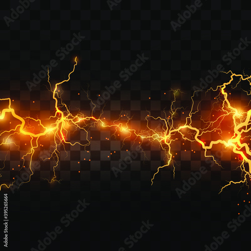 Realistic lightning bolts on a black transparent background. the charge of energy is powerful.Accumulation of electric orange and blue charges.A natural phenomenon. Magic effect. Lightning PNG.	