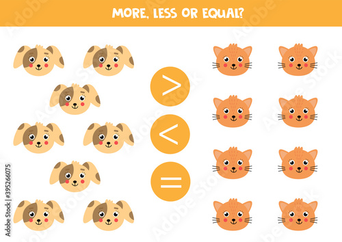 Comparison for kids. More, less with cartoon cat and dog faces.