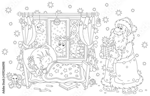 Santa Claus bringing a beautiful gift box to a cute little girl sleeping in a small bed on the snowy night before Christmas, a magic reindeer looking through a window of a decorated nursery room