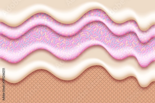 Wafer background with strawberry and vanilla ice cream