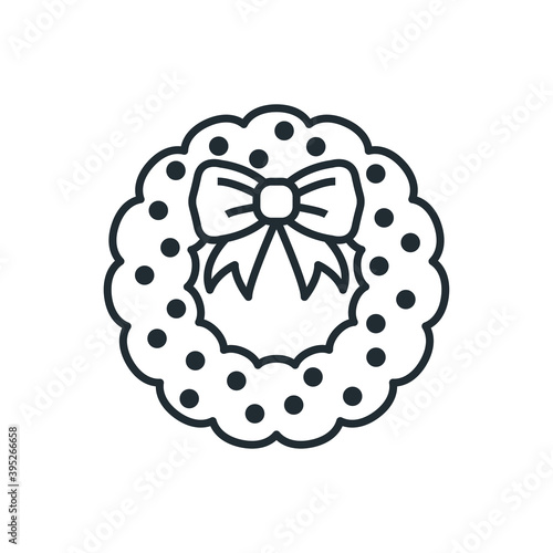 Tiempo de Navidad. Logotipo Corona de navidad floral con lazo de cinta en lineas en color negro