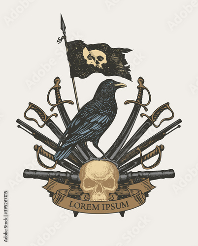 Old heraldic Coat of arms in vintage style with black raven, pirate flag, sabers, swords, cannons and skull. Vector hand-drawn image, heraldry, emblem, sign, symbol. Inscription Lorem ipsum.