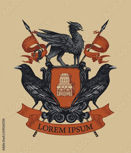 Vector heraldic Coat of arms with ravens, griffin, spears, ribbon and knightly shield with castle. Medieval heraldry, emblem, sign, symbol. Hand-drawn illustration in vintage style