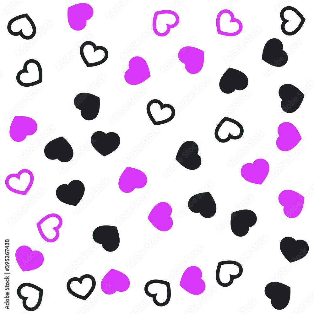 Fototapeta premium Chaotic pink and black hearts on white background. Seamless vector romantic love valentine pattern. For fabric, textile, design, cover, banner.