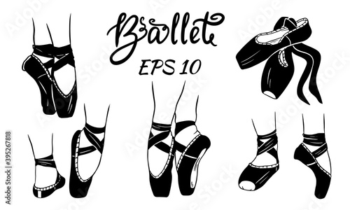 A set of ballet shoes. Womens legs in ballet shoes.