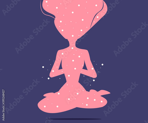 Vector illustration with meditating woman, lotus petals behind. Yoga pose illustration for poster, banner, flyer or card design, web page.