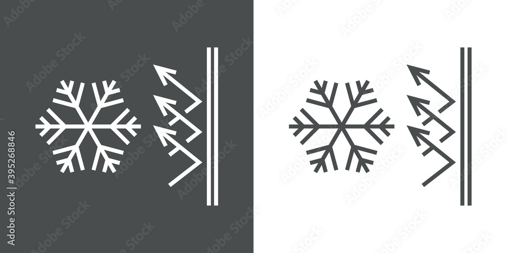 Proteger del frío. Icono con copo de nieve y flechas con pared en lineas en fondo gris y fondo blanco