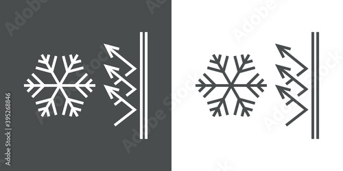 Proteger del frío. Icono con copo de nieve y flechas con pared en lineas en fondo gris y fondo blanco