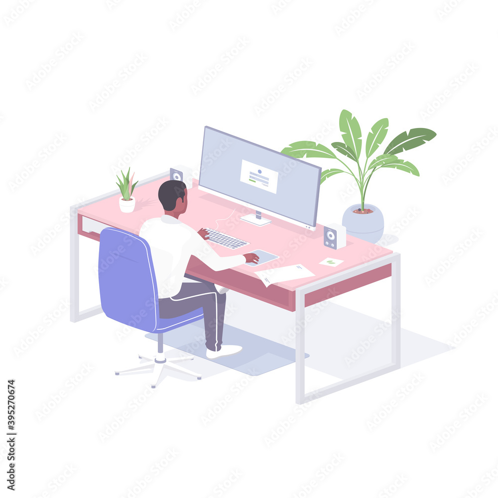 Man works at home online realistic isometry. Male freelancer character sits monitor while finishing project.