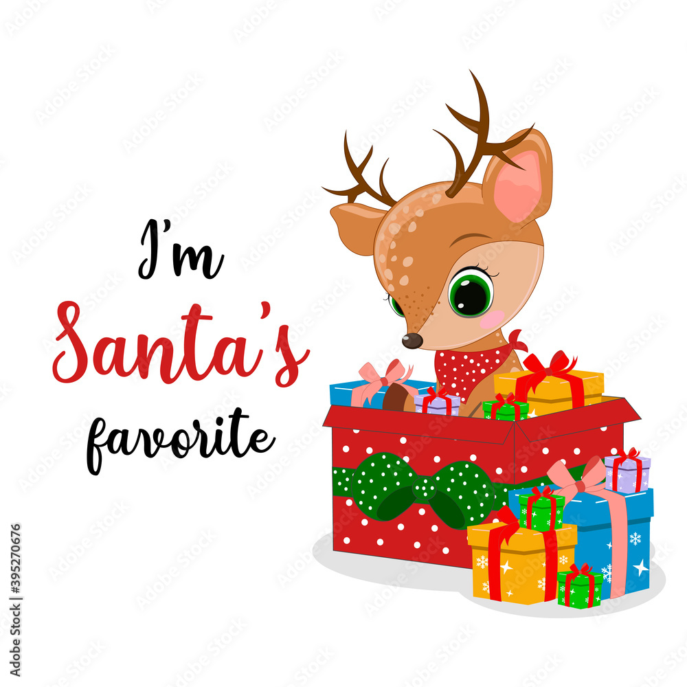 Naklejka premium Vector cute little deer illustration. Perfect for greeting cards, party invitations, posters, stickers. Merry Christmas & Happy New Year. Lettering I'm Santa's favorite