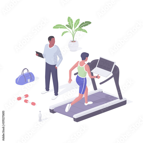 Fitness class cardio machine realistic isometry. Female character on treadmill increases walking pace.