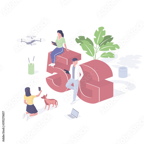 People use new 5g connection realistic isometric. Male and female characters with tablets play online maximum speed.