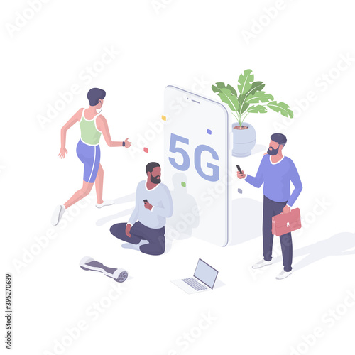 People communicate online using 5g isometric vector. Male characters with smartphones test new network connection speed.