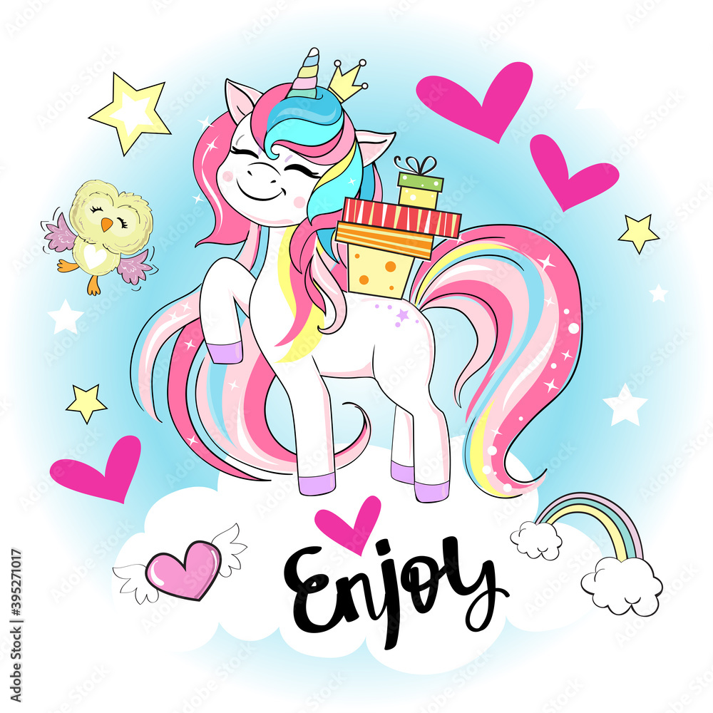 Birthday card with a beautiful unicorn and an owl. Vector illustration. Funny animals