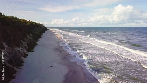 Drone Rise Shot Over Empty Beach. Baltic Sea, Jastrzebia Gora, Poland. photo