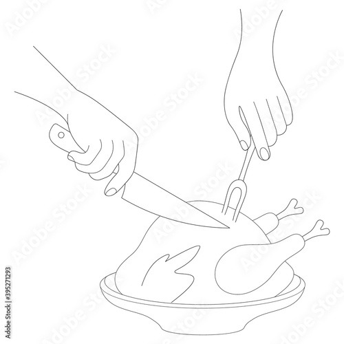The person cuts a festive turkey. Sketch. A kitchen knife in one hand, a chopping fork in the other. Vector illustration. Coloring book. Juicy turkey meat in a dish. Crispy chicken. Thanksgiving day.
