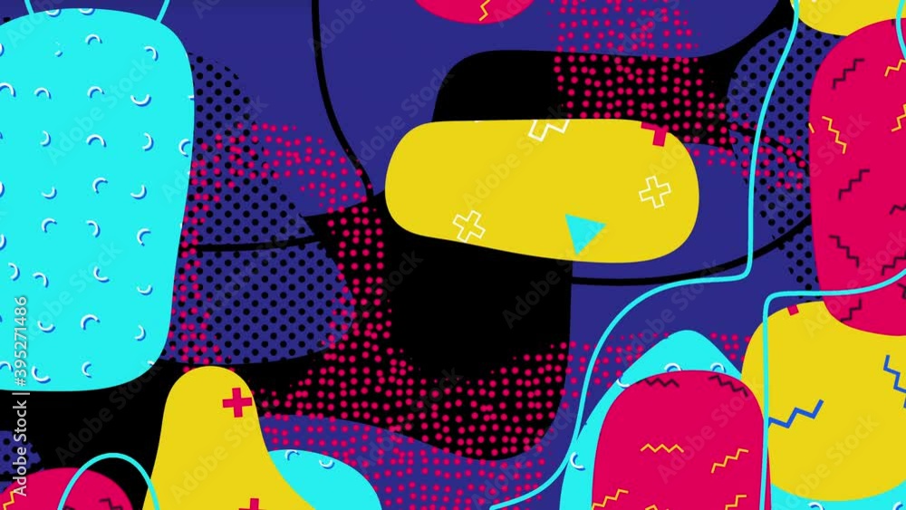 90s style looping animated abstract background. Colourful moving shapes ...