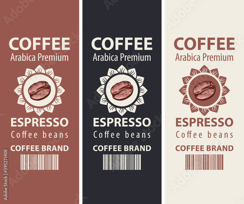 Set of coffee labels for coffee beans. Vector labels with a realistic coffee bean in sunflower, barcode and words Espresso, Arabica premium