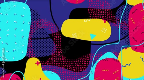 90s style looping animated abstract background. Colourful moving shapes, lines, dots, semi-circles, plus and zigzag symbols. Black, blue, yellow, pink. Fun retro 80's-90's Memphis Design animation.