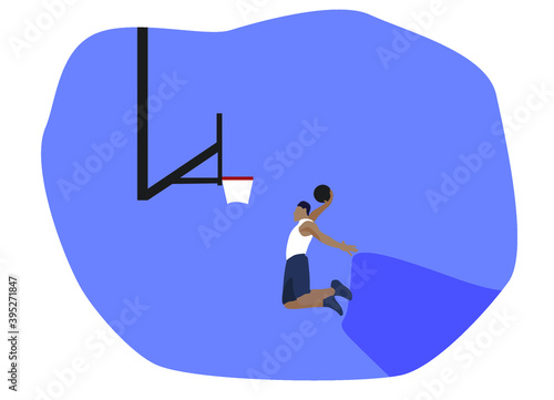 A basketball player doing a slam dunk in the air