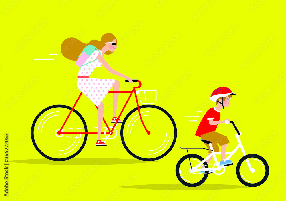 Mother and a child riding bicycles in the park. Mother and a child riding bicycles in the park.