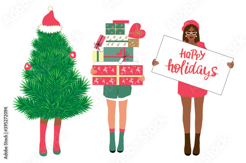 Collection of three girls with gifts, christmas tree and lettering happy holidays on white background isolated. Vector illustration