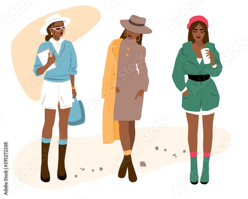Set of fashion girls on a white background. Vector flat style illustration. Avatar icon