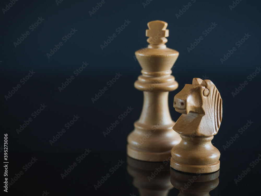 White king and white knight, wooden chess figure isolated. Concept strategy leadership with copy space White king and white knight, wooden chess figure isolated. Concept strategy leadership with copy space