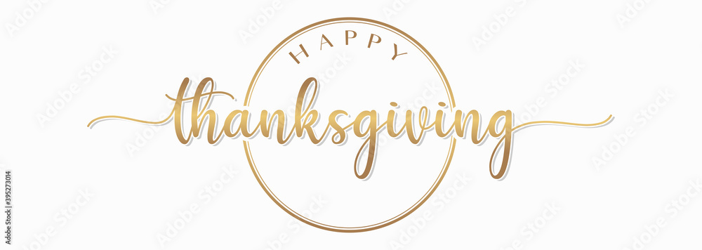 Fototapeta Happy Thanksgiving Handwriting Lettering Calligraphy with Gold Text Color, isolated on white background. Vector Graphic Illustration for Banner, Poster, Greeting cards, Web, Presentation.
